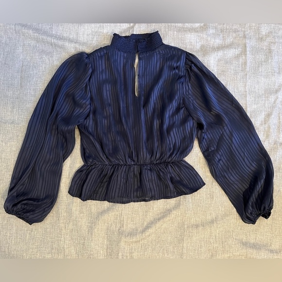 Lush Deep V Mock Neck Striped Peplum Long Balloon Sleeve Wrap Top Navy - Picture 4 of 11